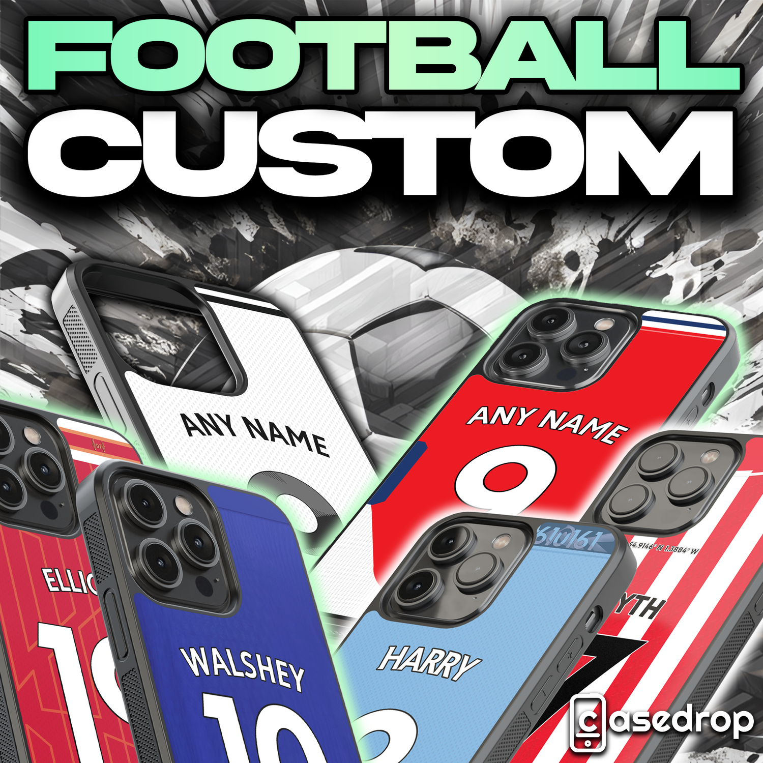 Personalised Football Phone Cases collection with custom football kit designs for iPhone, Samsung, and Google models featuring any name and number