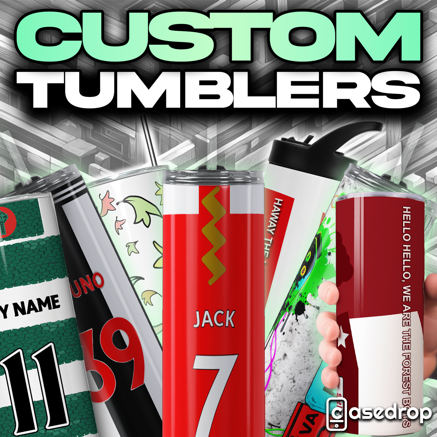 Group shot of 20oz tumblers with metal straws showcasing a mix of personalised football kit designs with custom Name & Number and everyday style prints, perfect for fans on the go