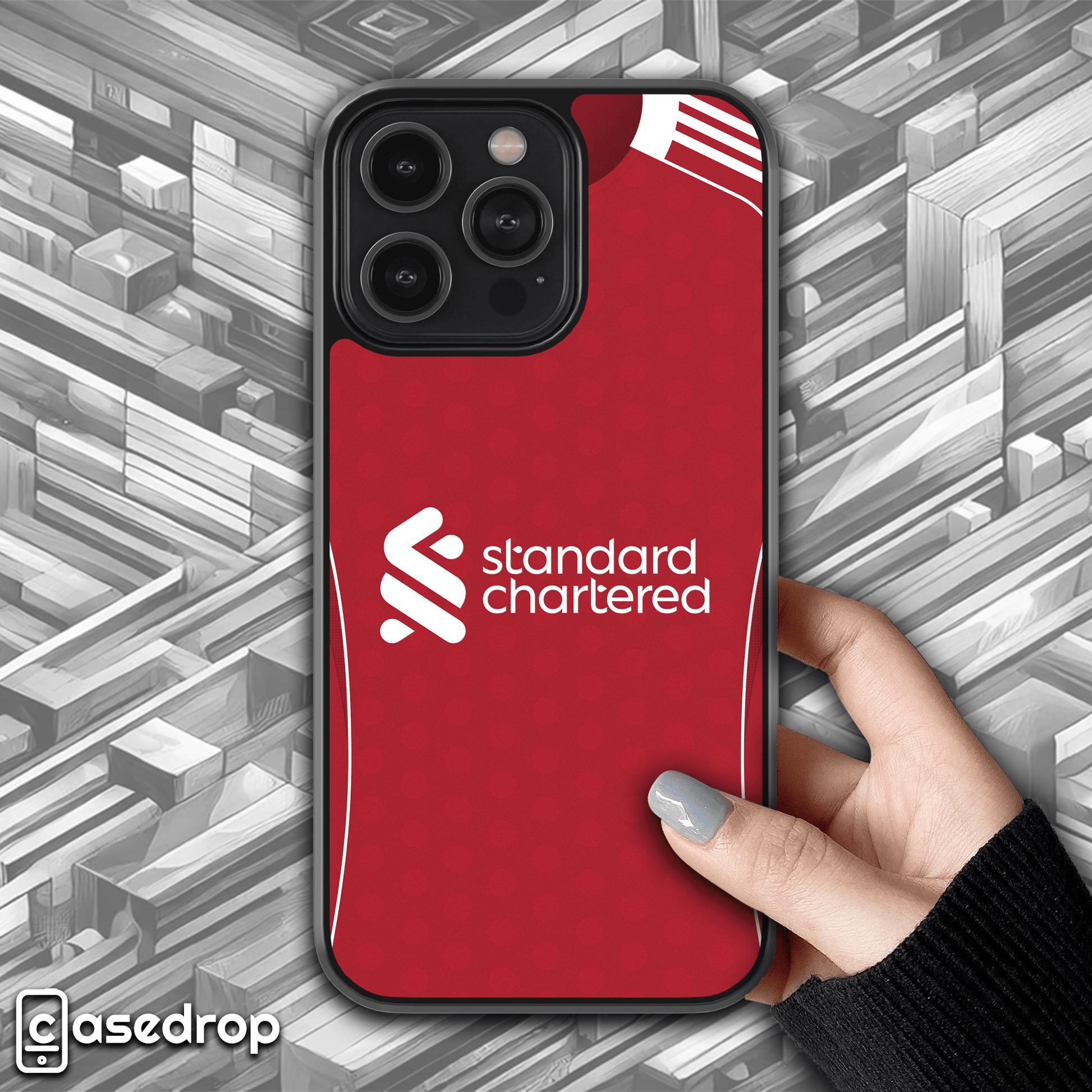 liverpool 2025 home football kit phone case with standard chartered sponsor for iPhone, Samsung and Google Pixel phone models