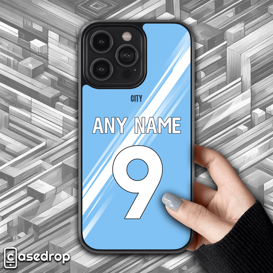 personalised Manchester City 2025 2026 home football kit phone case for iPhone, Samsung and Google Pixel phone models
