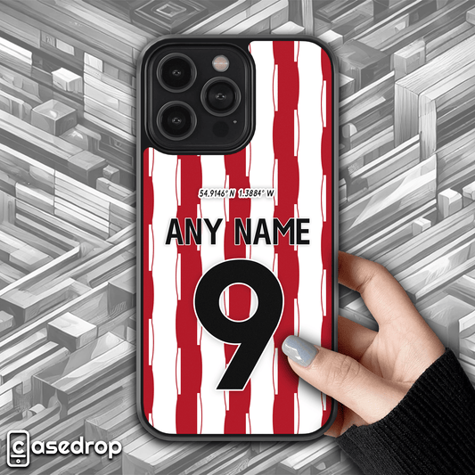 personalised Sunderland 2025 2026 home football kit phone case for iPhone, Samsung and Google Pixel phone models
