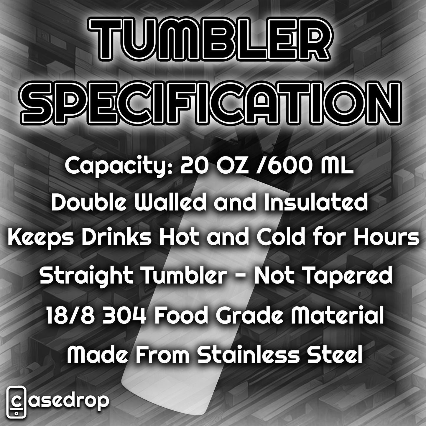 Tumbler specification infographic – double-walled, insulated, stainless steel design
