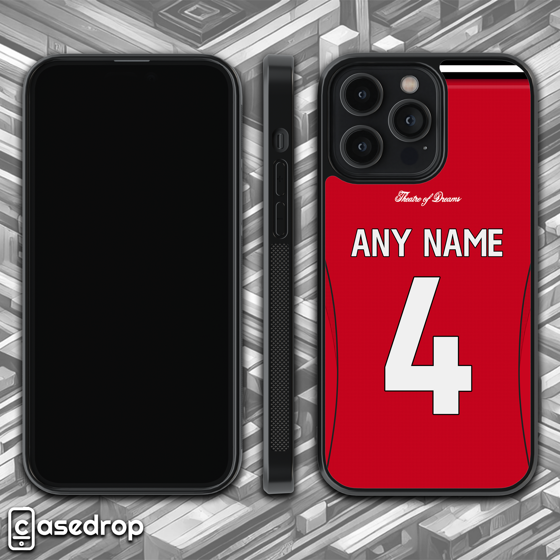 360 gif view of personalised Man United home kit phone case for iPhone, Samsung and Google Pixel phone models