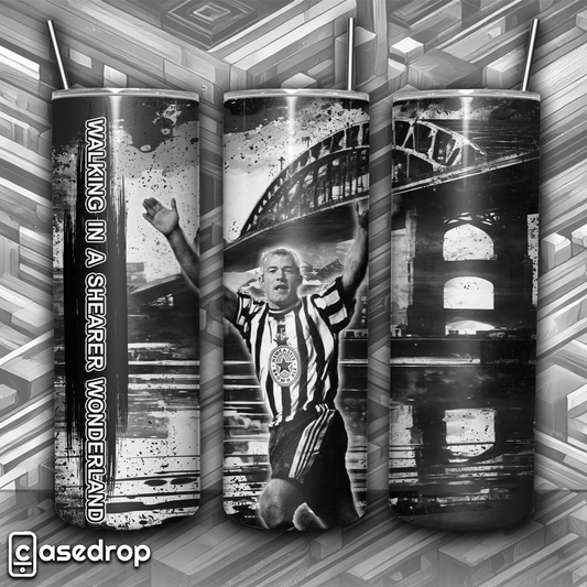 Front view of a 20oz tumbler featuring Newcastle legend Alan Shearer in black and white design