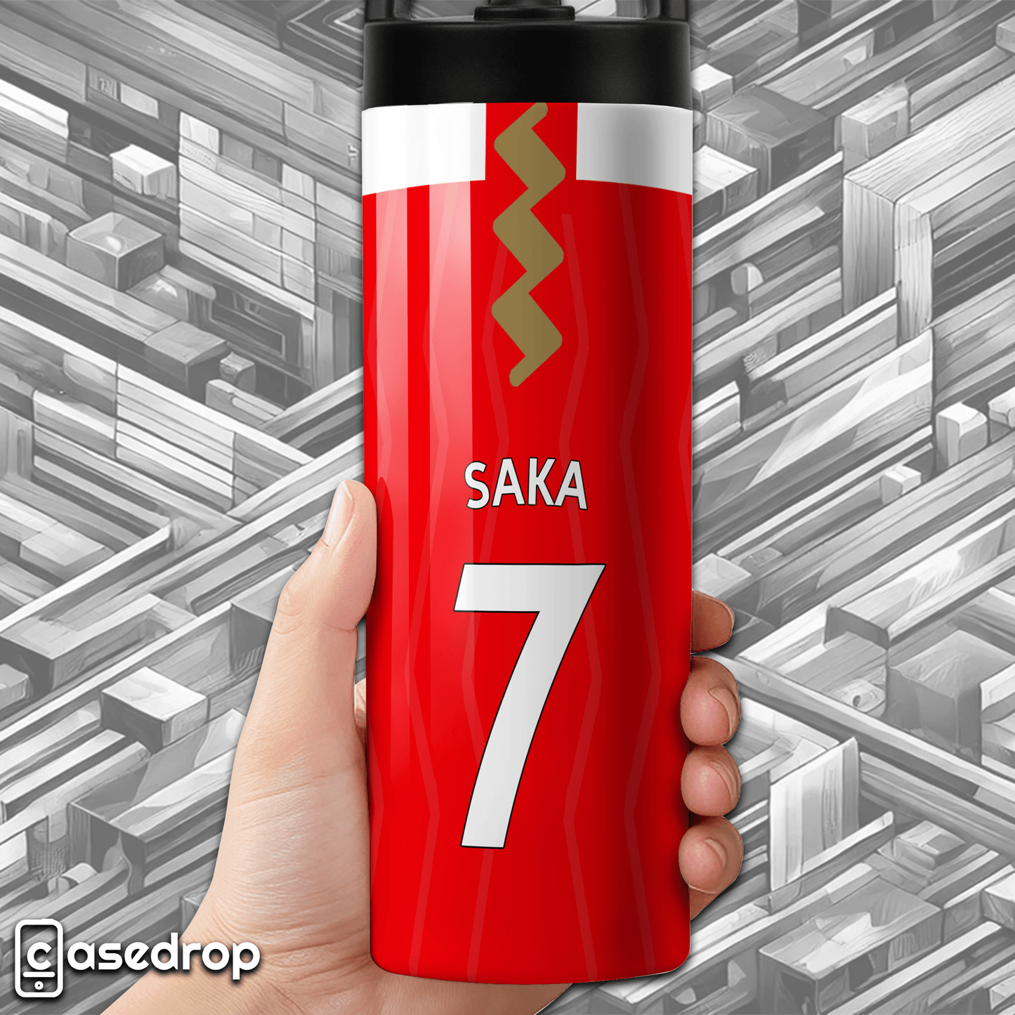 Custom Arsenal football tumbler – red and white design with gold detailing