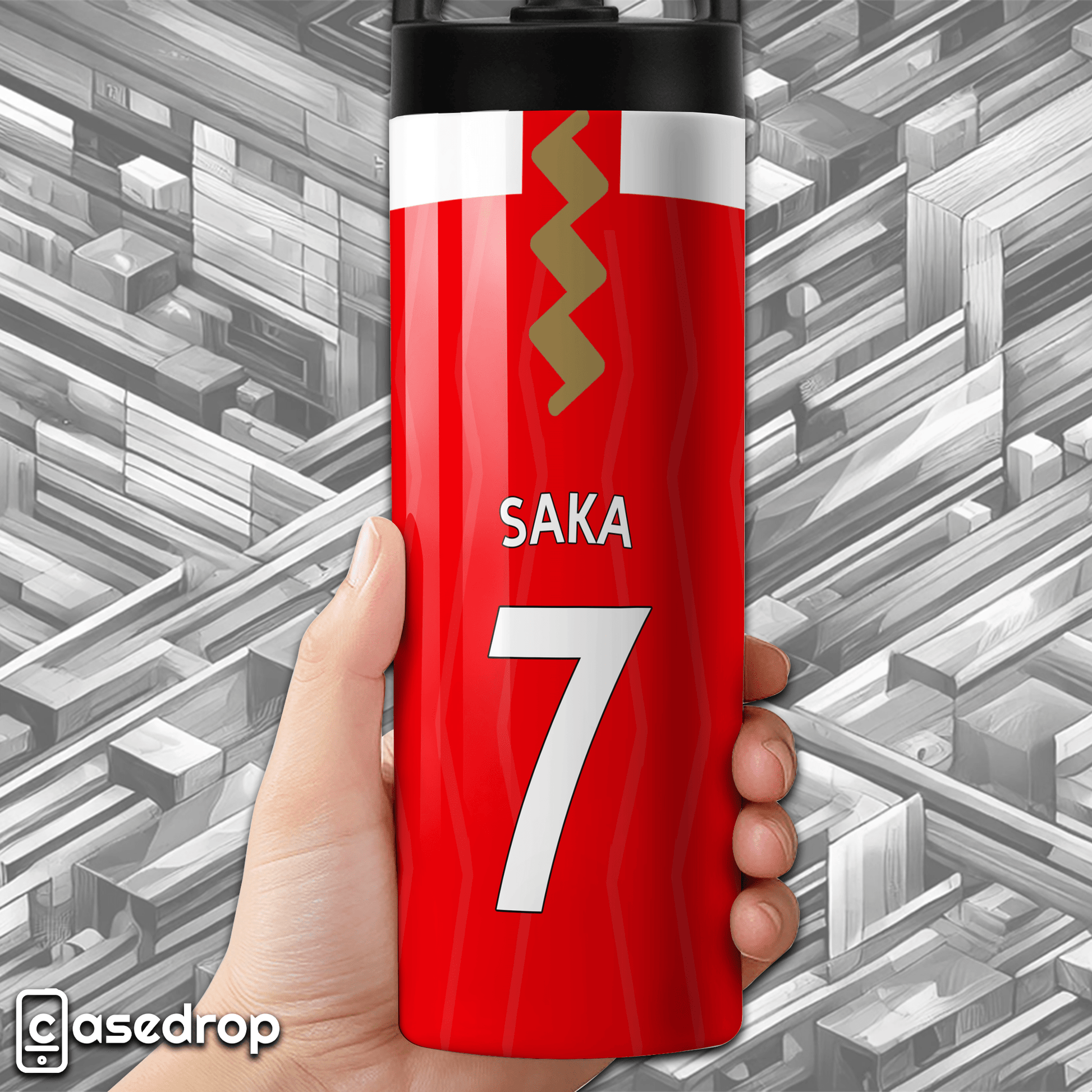 Custom Arsenal football tumbler – red and white design with gold detailing