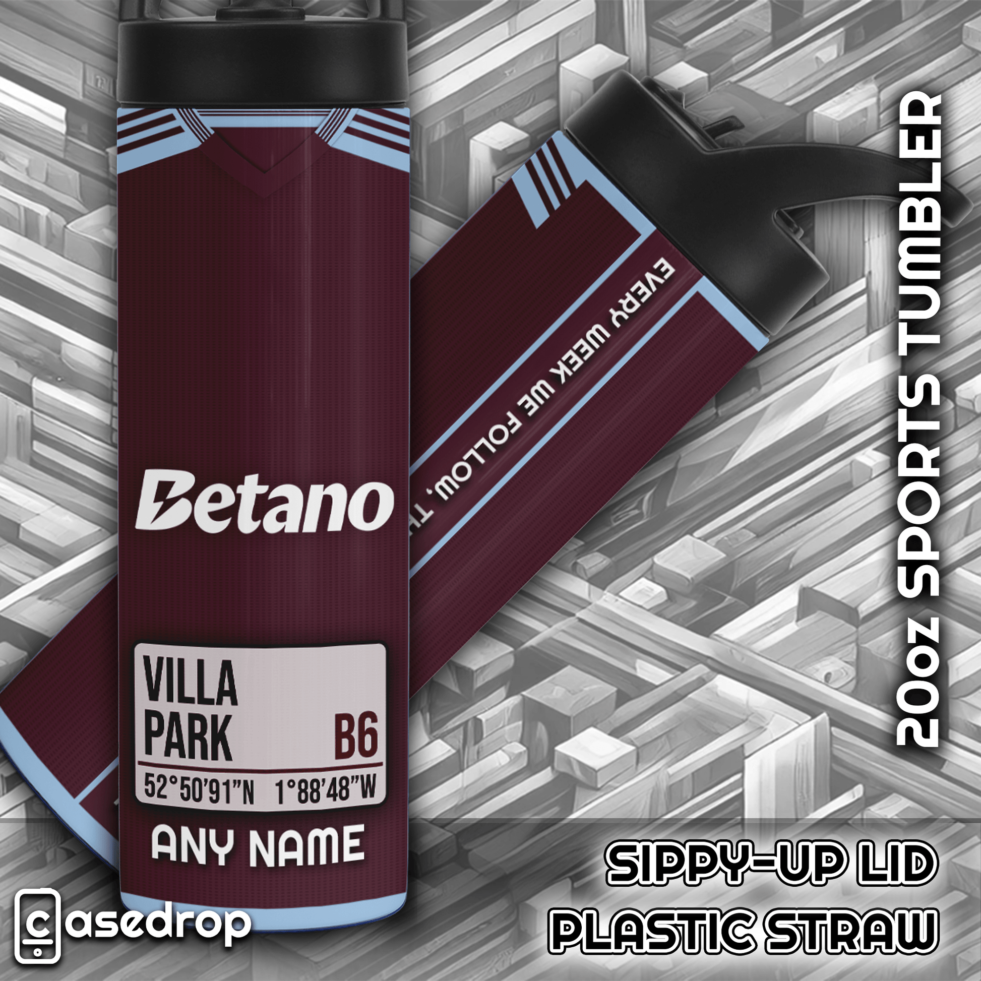 Custom Aston Villa travel cup with song lyrics and stadium details