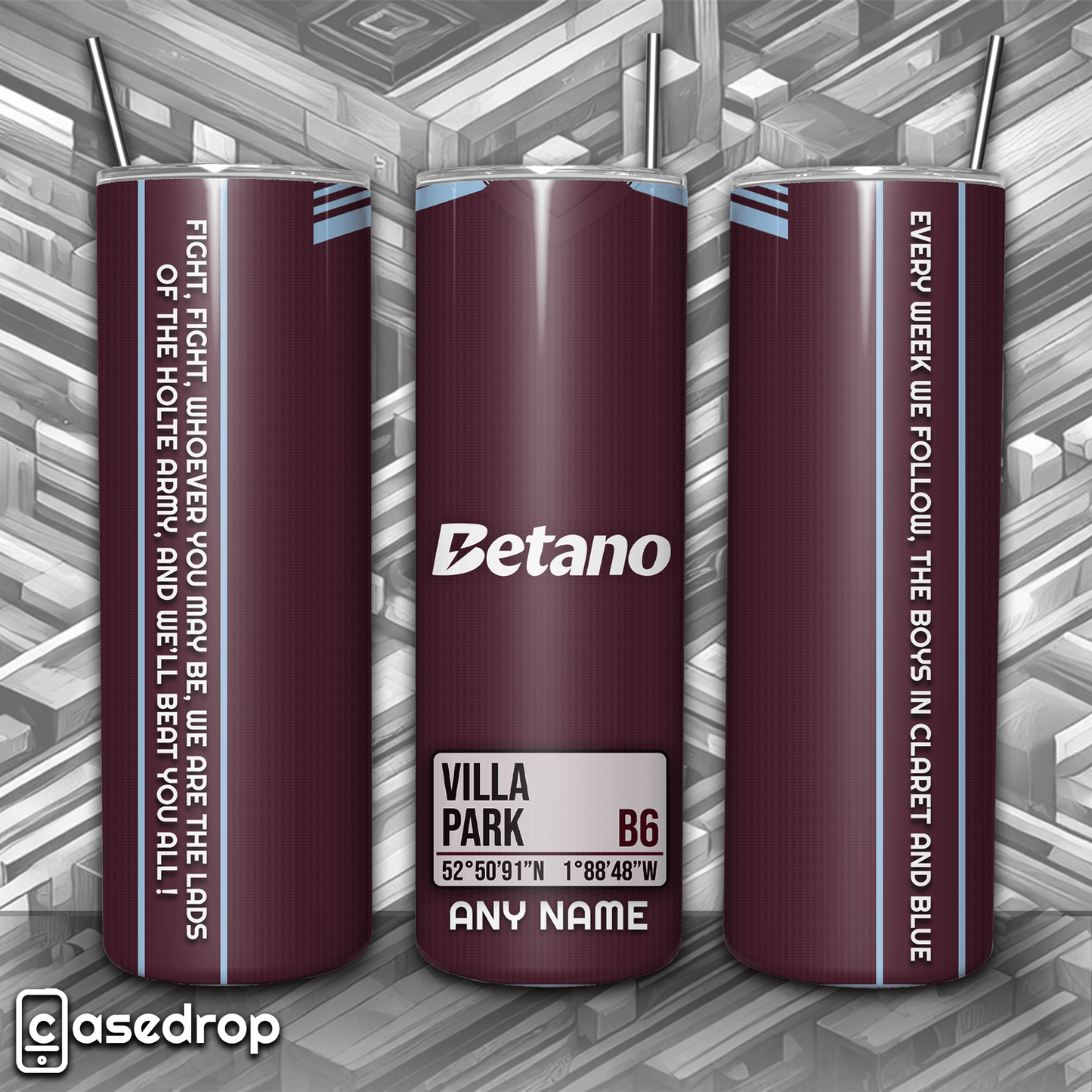 Aston Villa personalised 20oz tumbler with claret and blue kit design