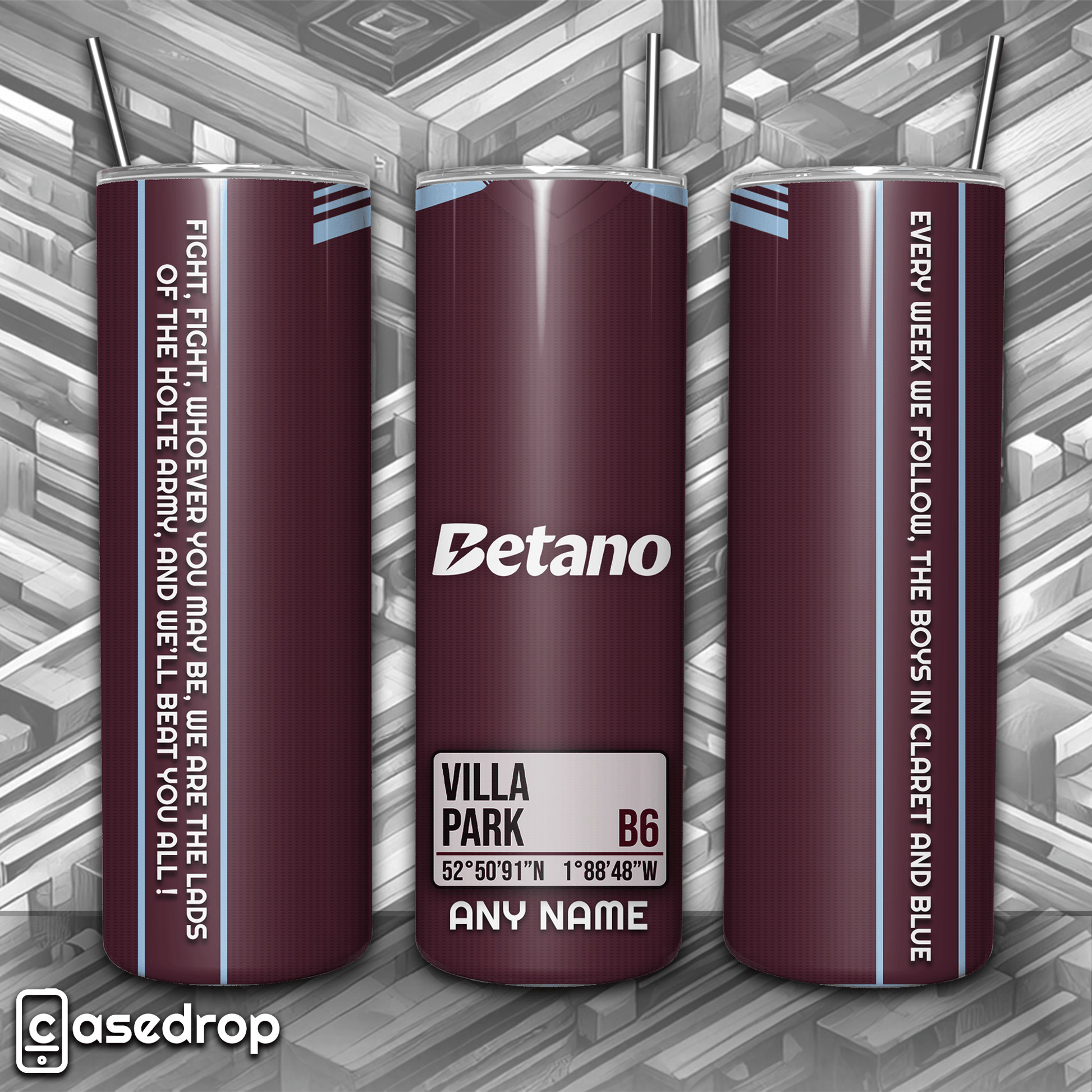 Aston Villa personalised 20oz tumbler with claret and blue kit design