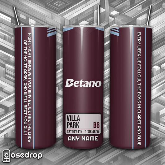 Aston Villa personalised 20oz tumbler with claret and blue kit design