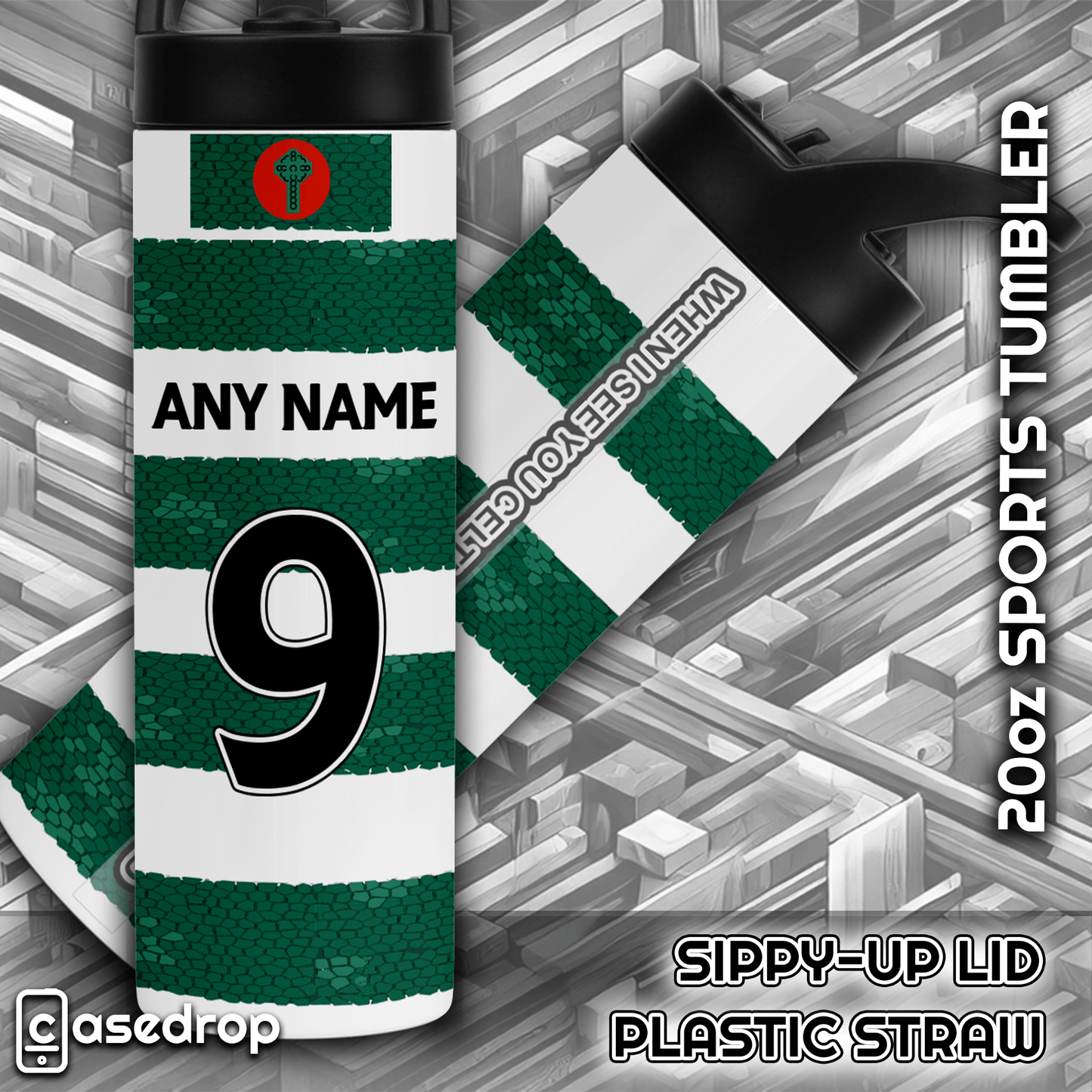 Green and white striped Celtic FC tumbler with customisation options