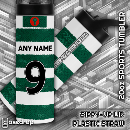 Green and white striped Celtic FC tumbler with customisation options