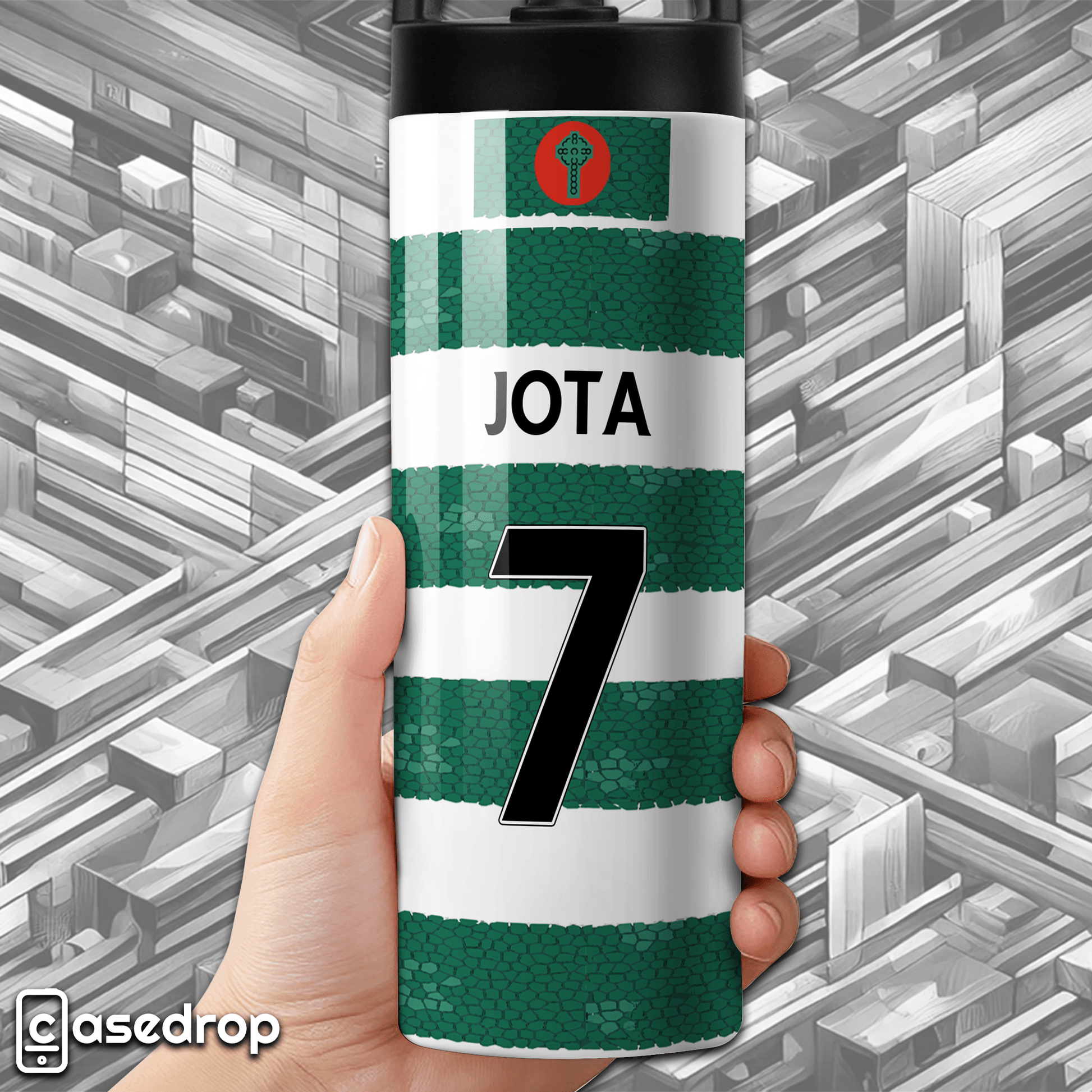 Custom Celtic football water bottle – side view with lyrics