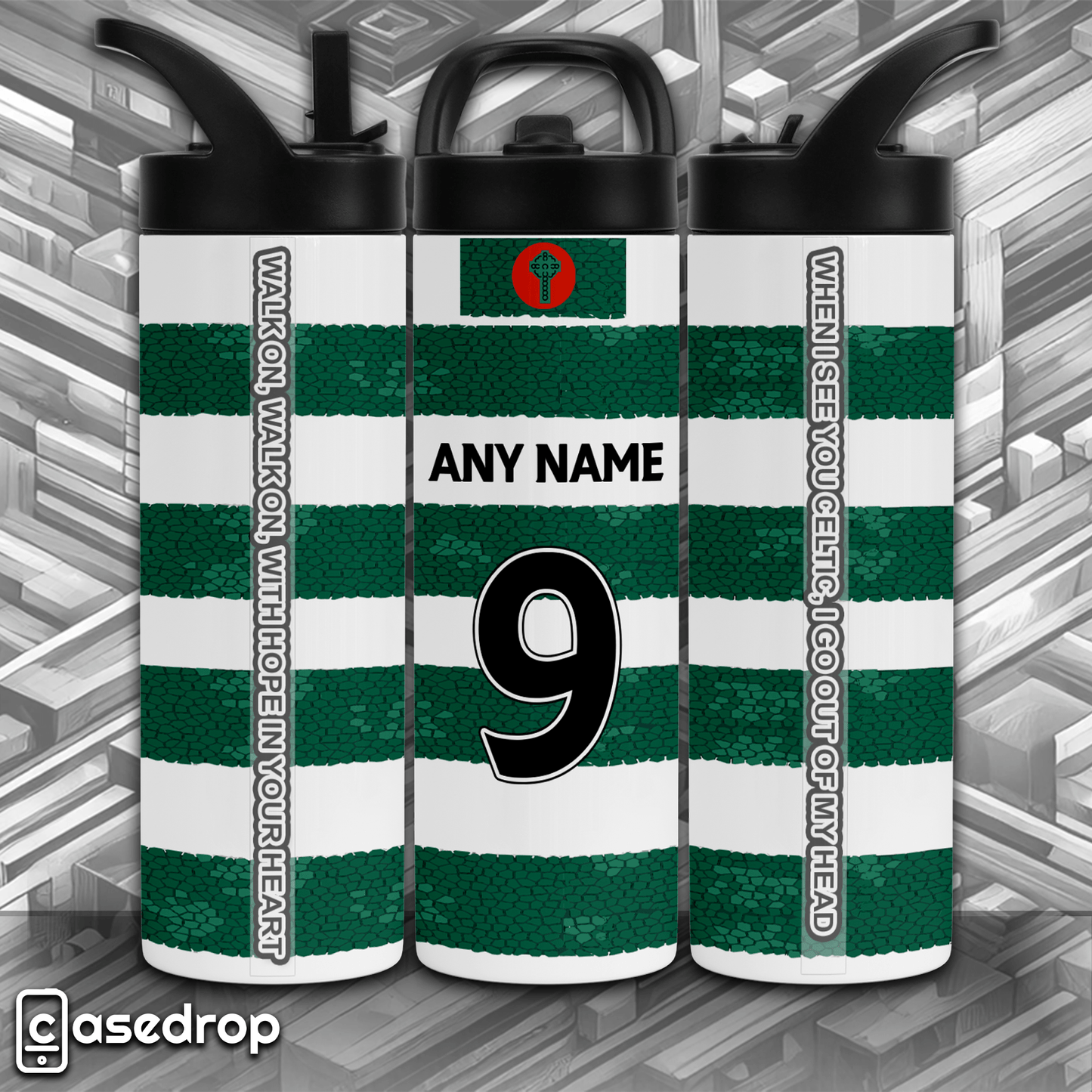 Celtic FC personalised name and number sports tumbler – front view