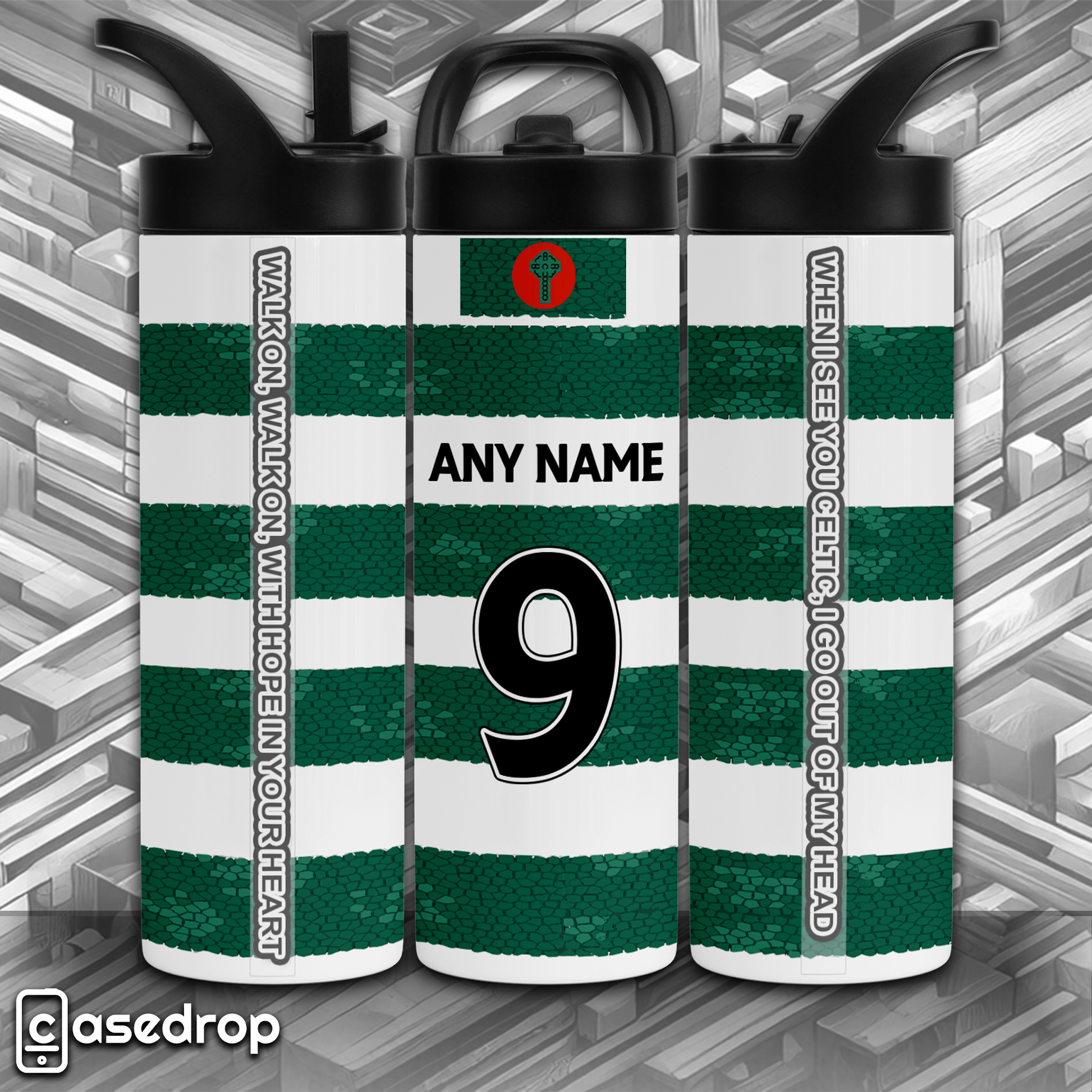 Celtic FC personalised name and number sports tumbler – front view