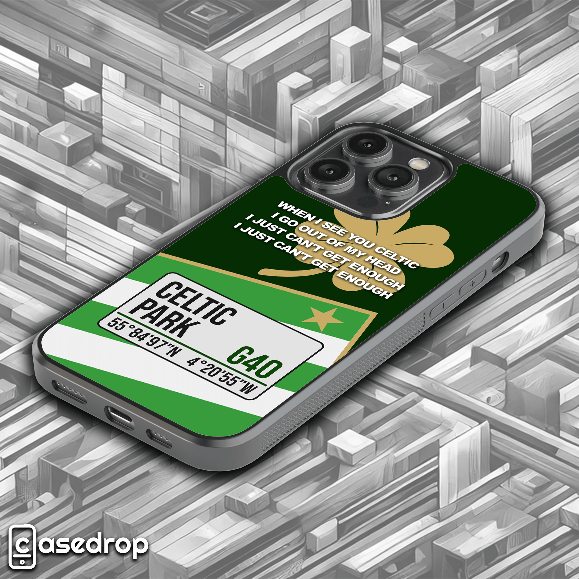Side angle of Celtic football phone case showcasing authentic green and white colours, detailed Celtic Park address, and 'When I See You Celtic' lyrics, premium protection for football fans