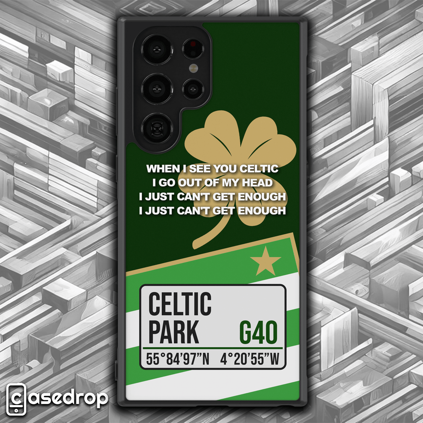Close-up of non-personalised Celtic themed football phone case highlighting intricate details of the green and white kit design, Celtic Park address, and 'When I See You Celtic' lyrics for dedicated fans