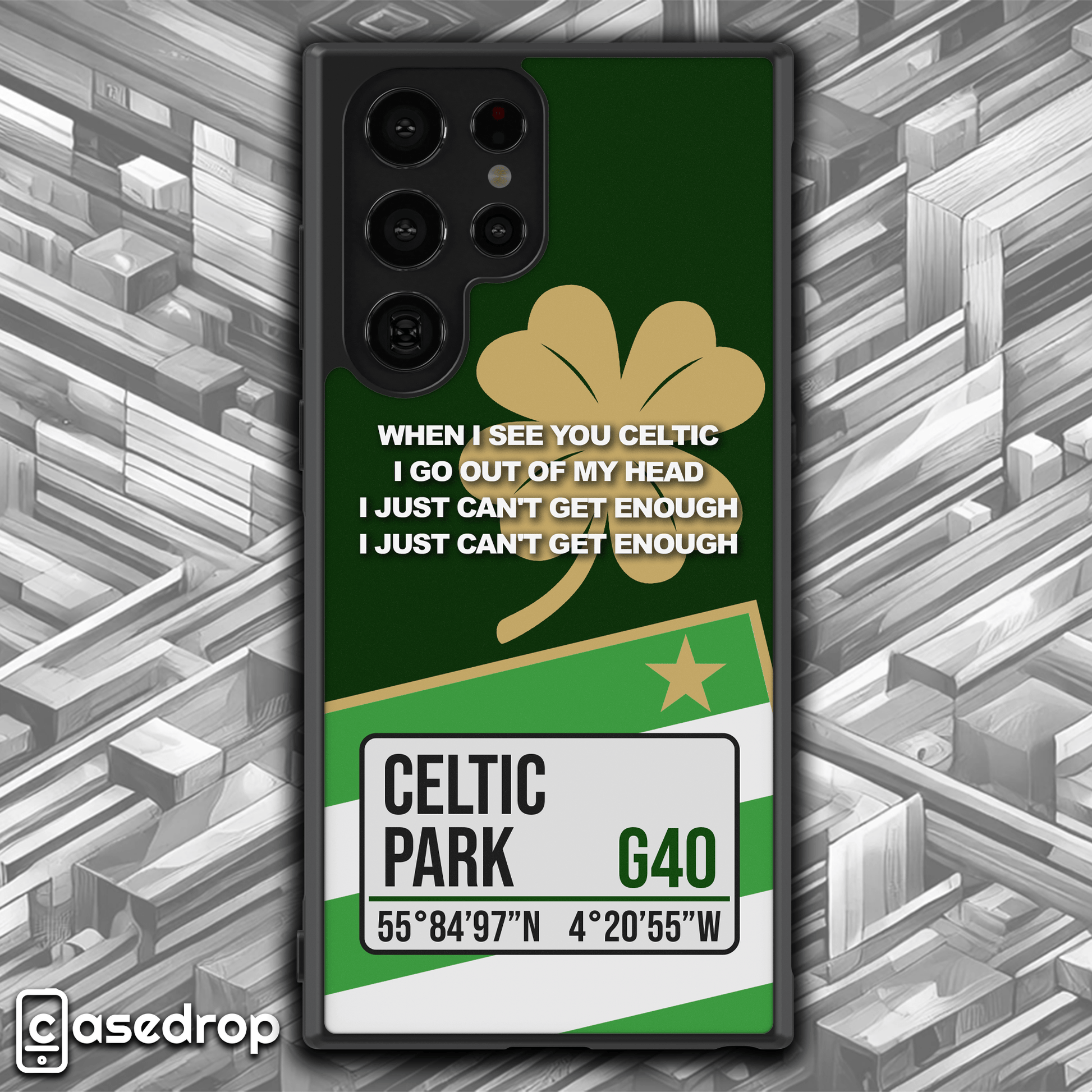 Close-up of non-personalised Celtic themed football phone case highlighting intricate details of the green and white kit design, Celtic Park address, and 'When I See You Celtic' lyrics for dedicated fans