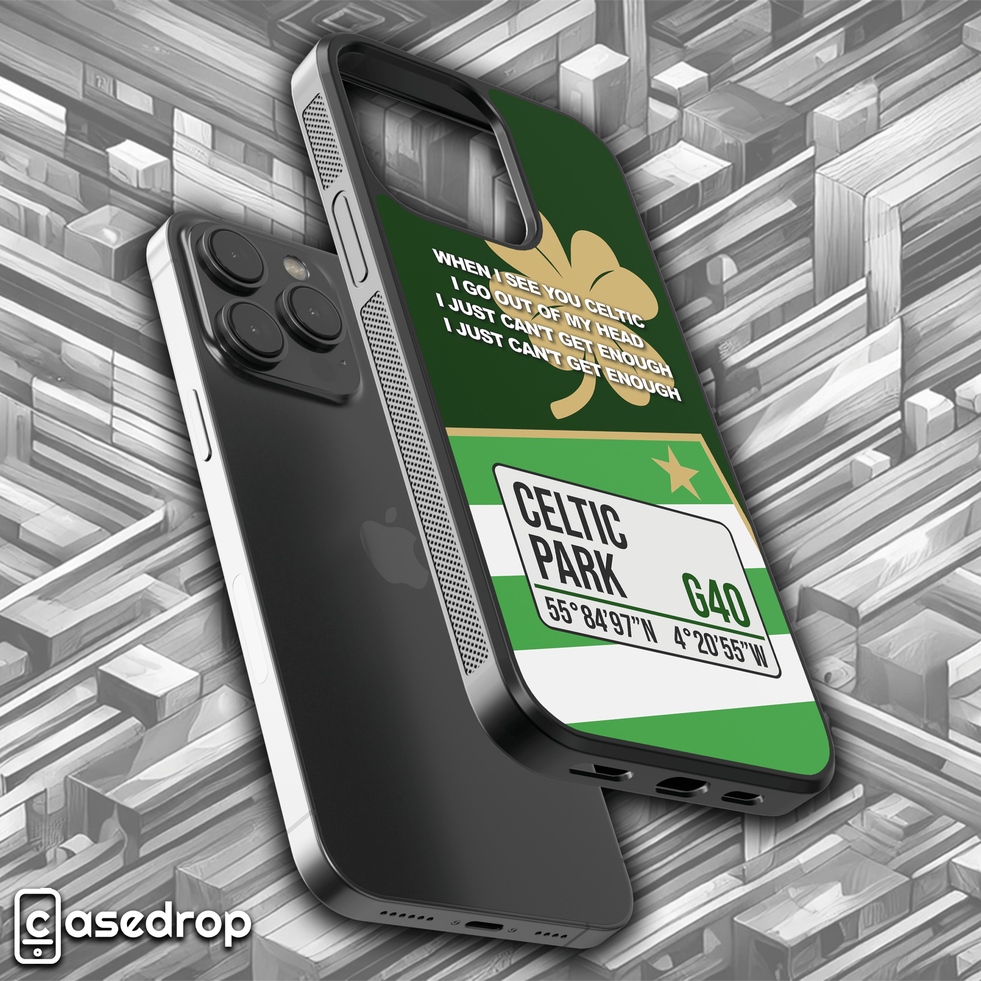 Back view of non-personalised Celtic themed phone case displaying Celtic Park address and 'When I See You Celtic' song lyrics on a striking green and white design, ideal for Celtic supporters