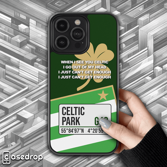 Front view of non-personalised Celtic themed football phone case featuring a bold green and white design, Celtic Park address, and 'When I See You Celtic' lyrics for iPhone, Samsung & Google
