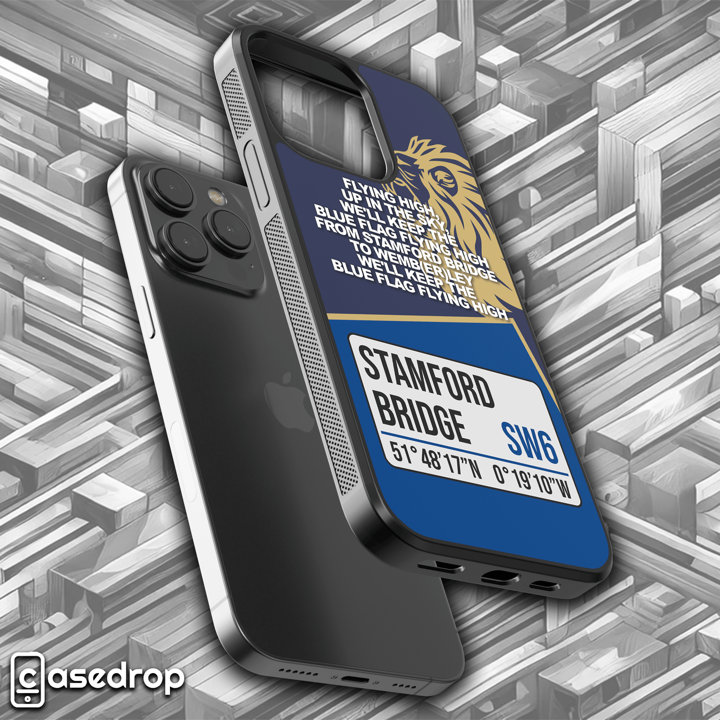 Chelsea Song Lyrics Case: A stylish phone case adorned with the lyrics 'Blue is the Colour' in blue and gold, set against a backdrop of Stamford Bridge.