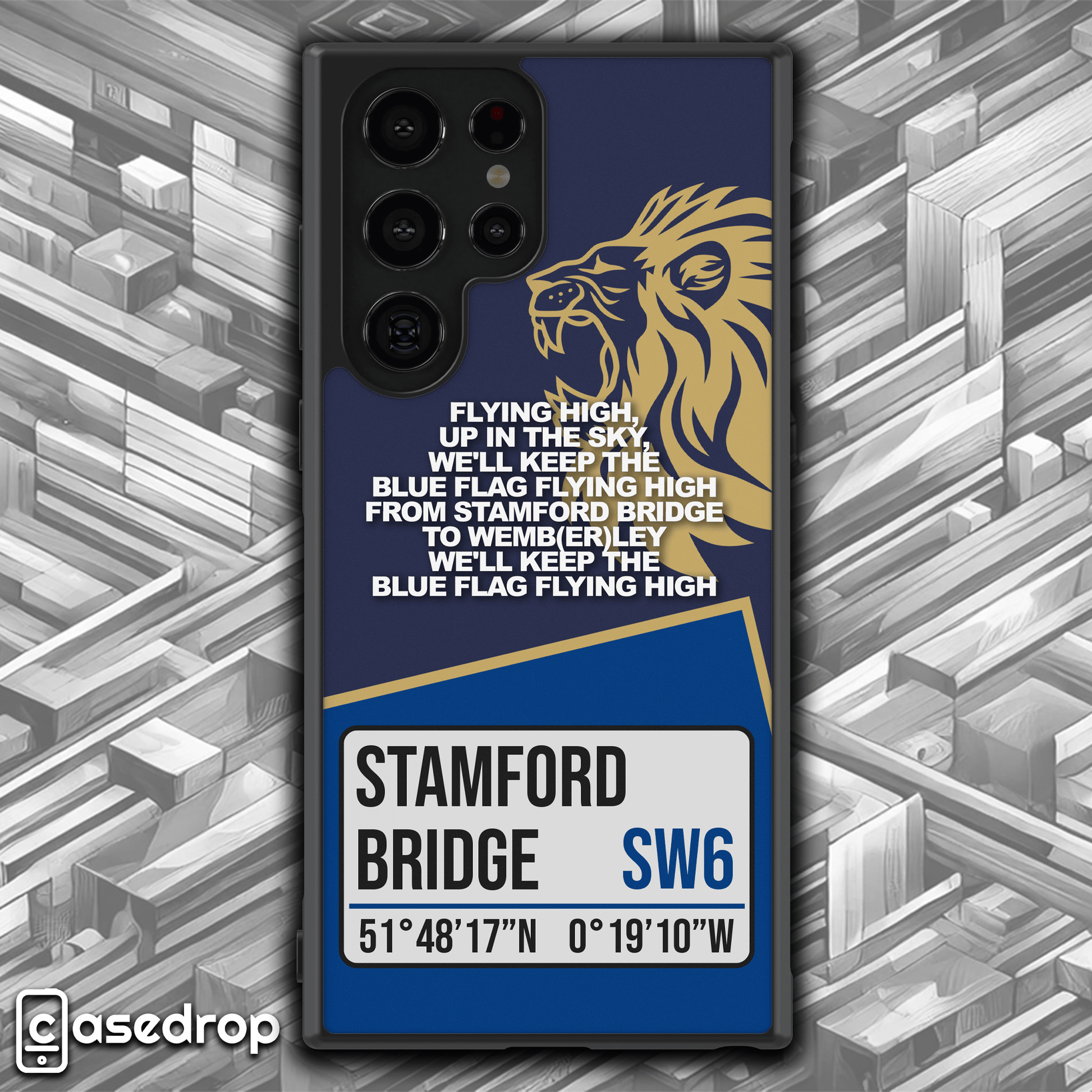 Chelsea Case with Stamford Bridge Address: A custom phone case featuring  blue and gold colours with the street address 'Stamford Bridge, Fulham Road, London, SW6
