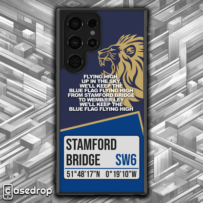 Chelsea Case with Stamford Bridge Address: A custom phone case featuring  blue and gold colours with the street address 'Stamford Bridge, Fulham Road, London, SW6