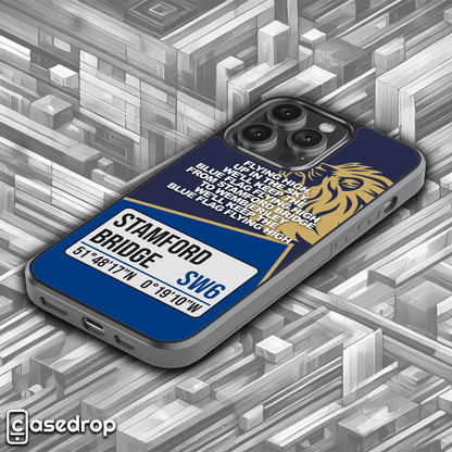 Stamford Bridge-Themed Chelsea FC Phone Case: A premium phone case showcasing the Chelsea FC emblem in blue and gold, complemented by the historic Stamford Bridge address.