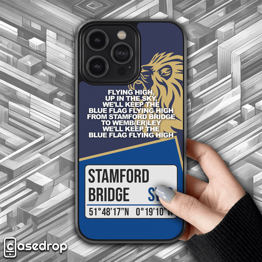 Chelsea Football Case with Stamford Bridge Address: A phone case featuring the iconic Chelsea FC logo in blue and gold, with the street address 'Stamford Bridge, Fulham Road, London, SW6 1HS' elegantly displayed.