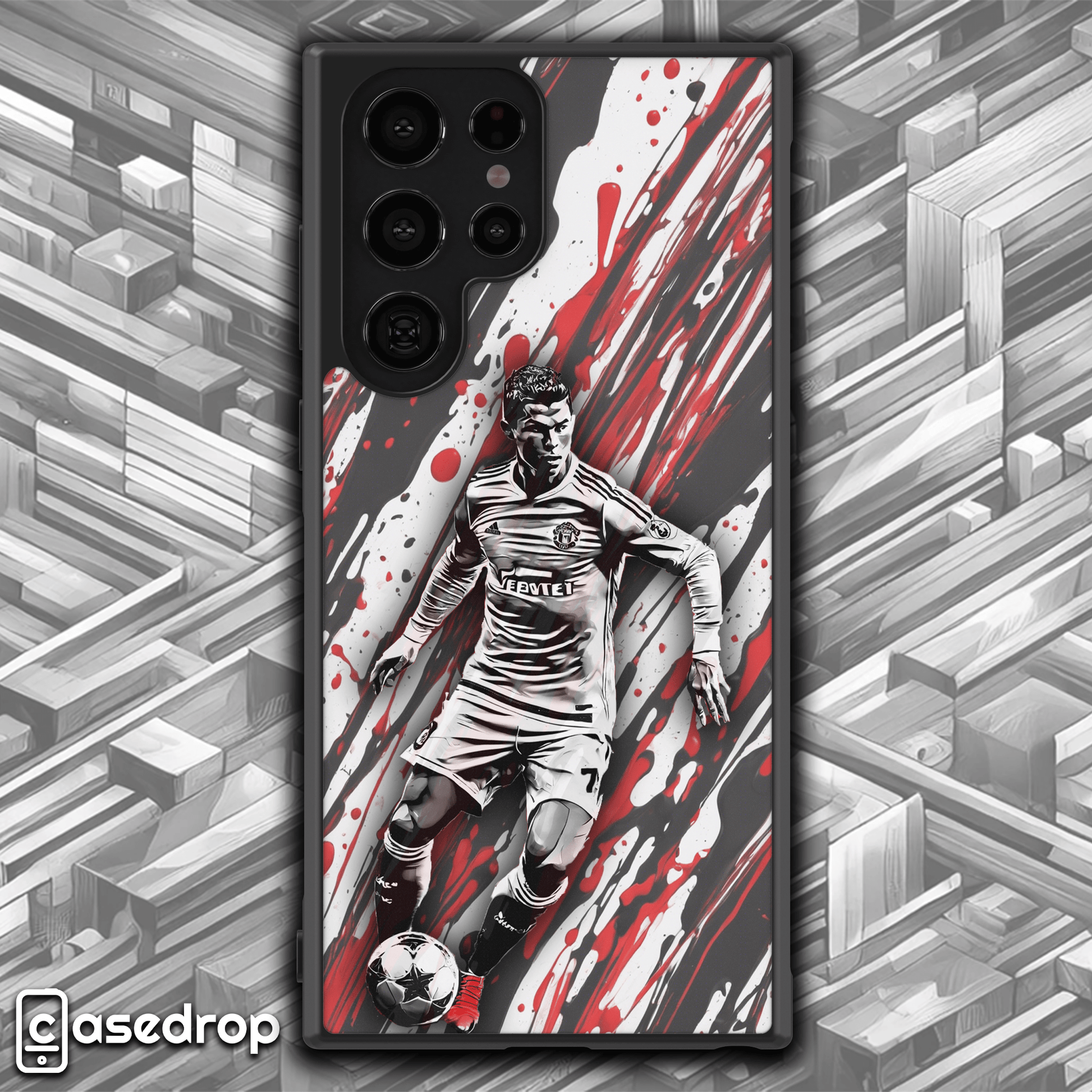 Red and black splash effect Cristiano Ronaldo phone case with high-quality print
