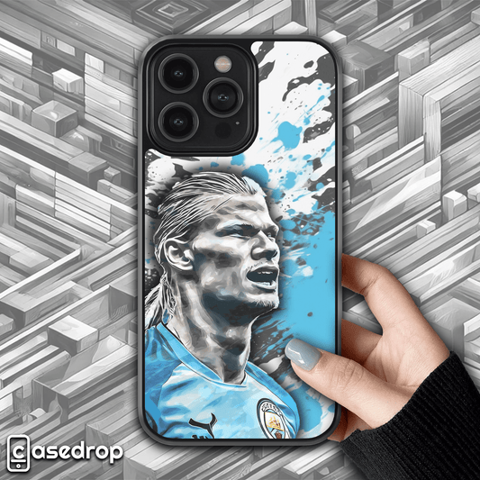 Erling Haaland Manchester football phone case with blue and white splash effect