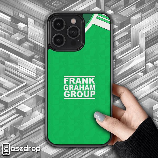 Hibernian retro football phone case, 1989 home kit, classic green design for iPhone, Samsung & Google Pixel.