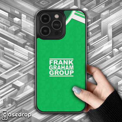 Hibernian retro football phone case, 1989 home kit, classic green design for iPhone, Samsung & Google Pixel.