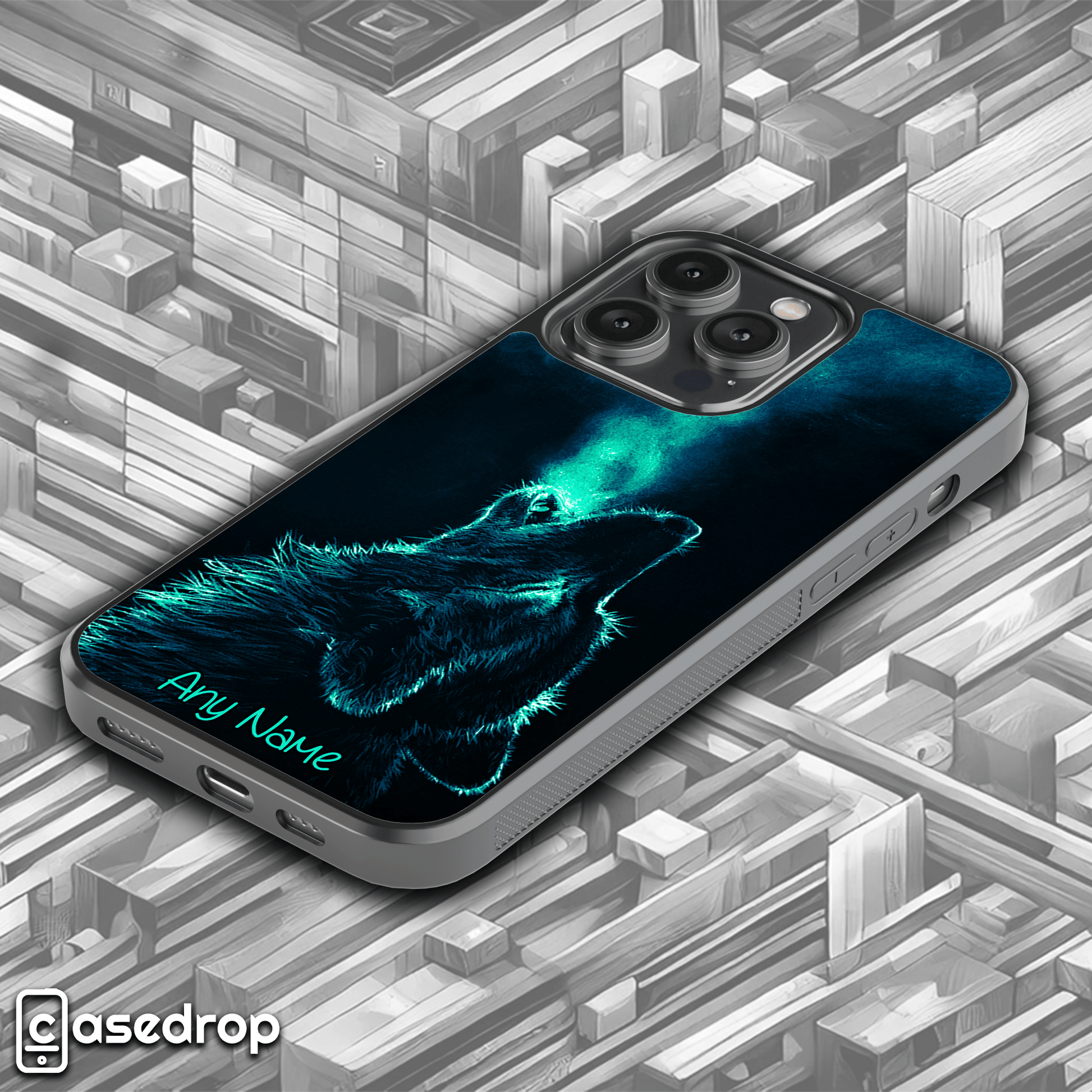 Glowing Wolf Phone Case: A striking phone case design showcasing a wolf in neon blue hues, with the option for custom text at the bottom.