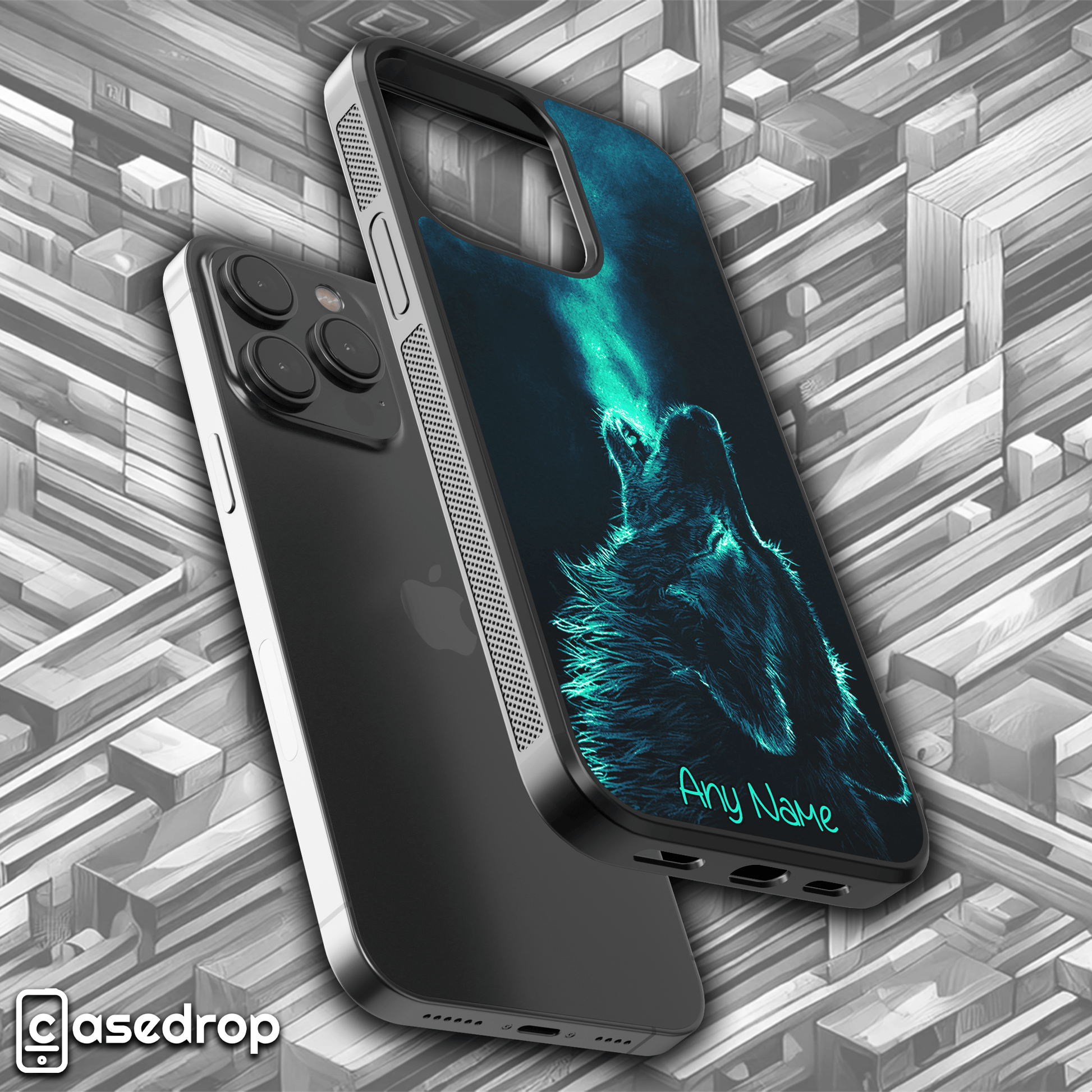 Personalised Wolf Design Phone Case: A sleek phone case featuring a glowing wolf and a personalised name, perfect for animal lovers.