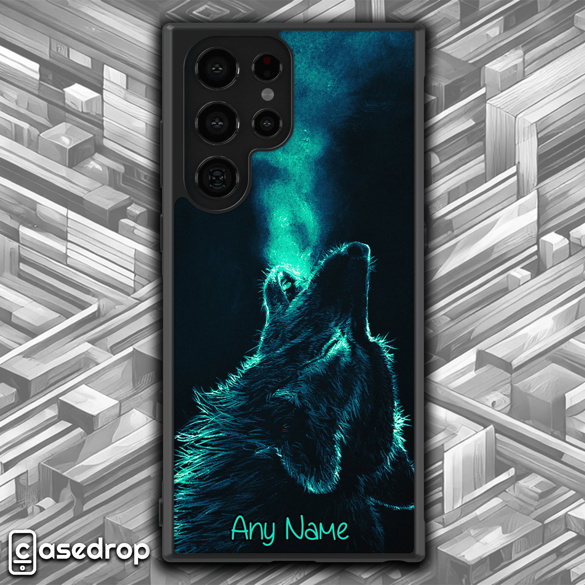 Neon Wolf Howling Custom Phone Case: A unique phone case with a glowing wolf howling against a dark background, with space for any custom name.