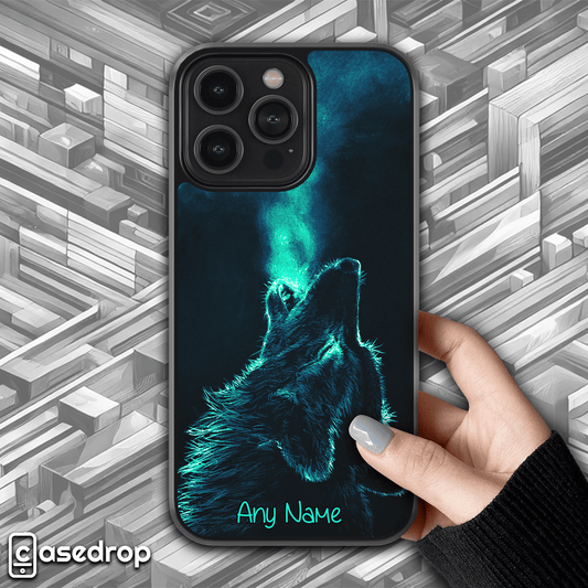 Wolf Howling Phone Case with Custom Name: A glowing wolf howling at the sky phone case, featuring a customisable "Any Name" text for a personalised touch