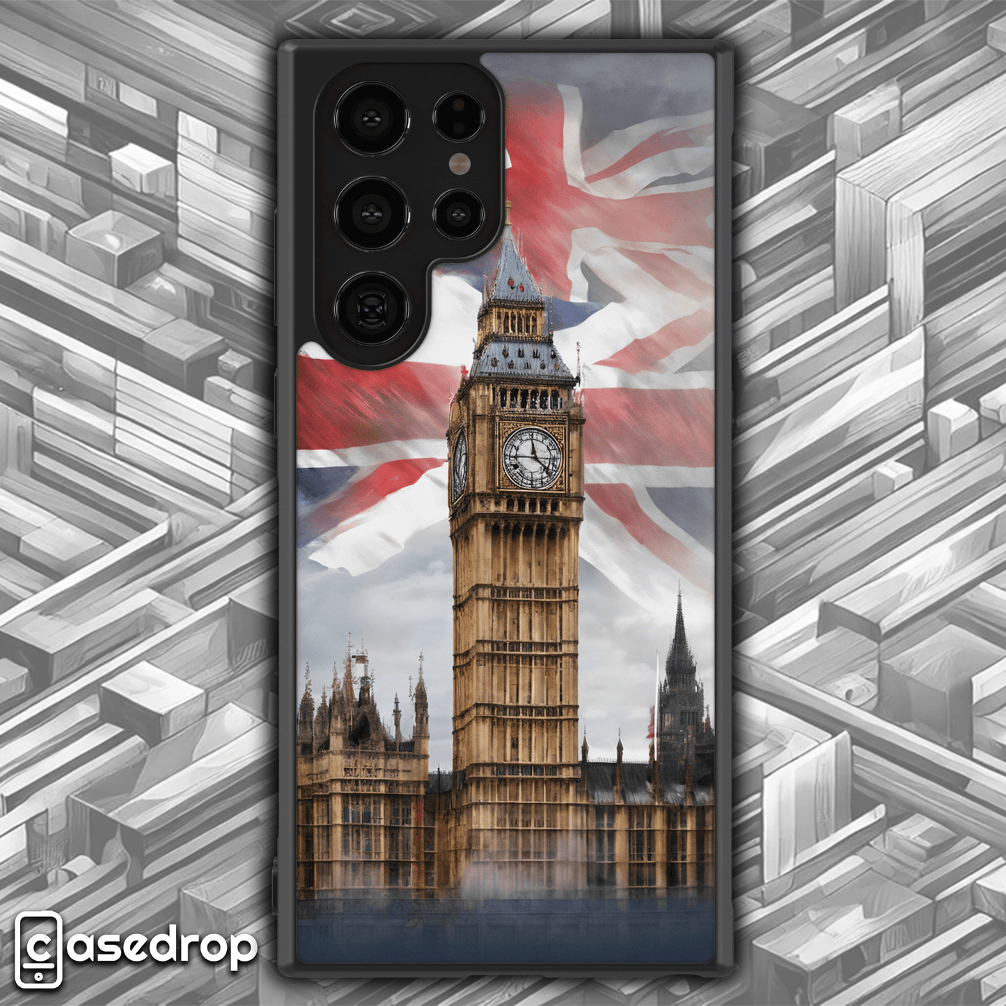London Landmark Phone Case with British Flag: A phone case highlighting London's Big Ben, paired with the Union Jack flag for a patriotic design.