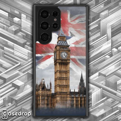London Landmark Phone Case with British Flag: A phone case highlighting London's Big Ben, paired with the Union Jack flag for a patriotic design.
