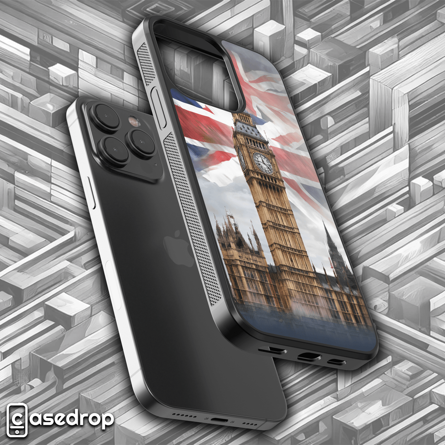 Big Ben Clock Tower Phone Case: A phone case design featuring the famous Big Ben clock tower in London, overlaid with a vibrant Union Jack flag.