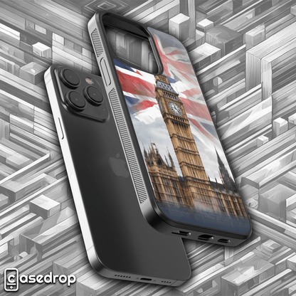 Big Ben Clock Tower Phone Case: A phone case design featuring the famous Big Ben clock tower in London, overlaid with a vibrant Union Jack flag.