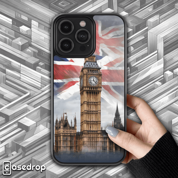 London Big Ben Phone Case: A stylish phone case featuring the iconic Big Ben clock tower in London, with the Union Jack flag backdrop.