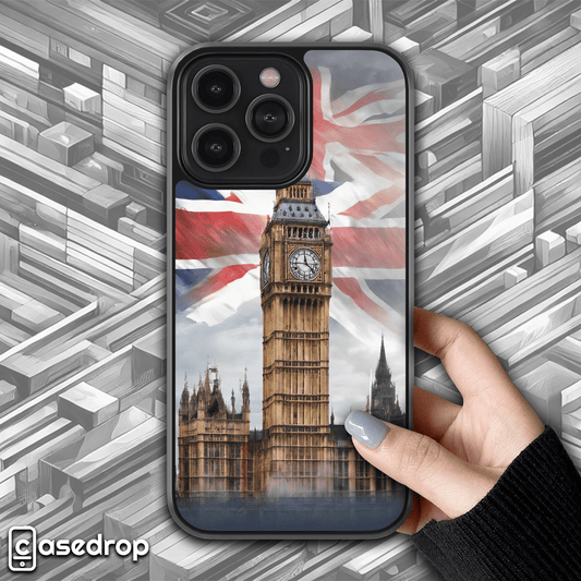 London Big Ben Phone Case: A stylish phone case featuring the iconic Big Ben clock tower in London, with the Union Jack flag backdrop.