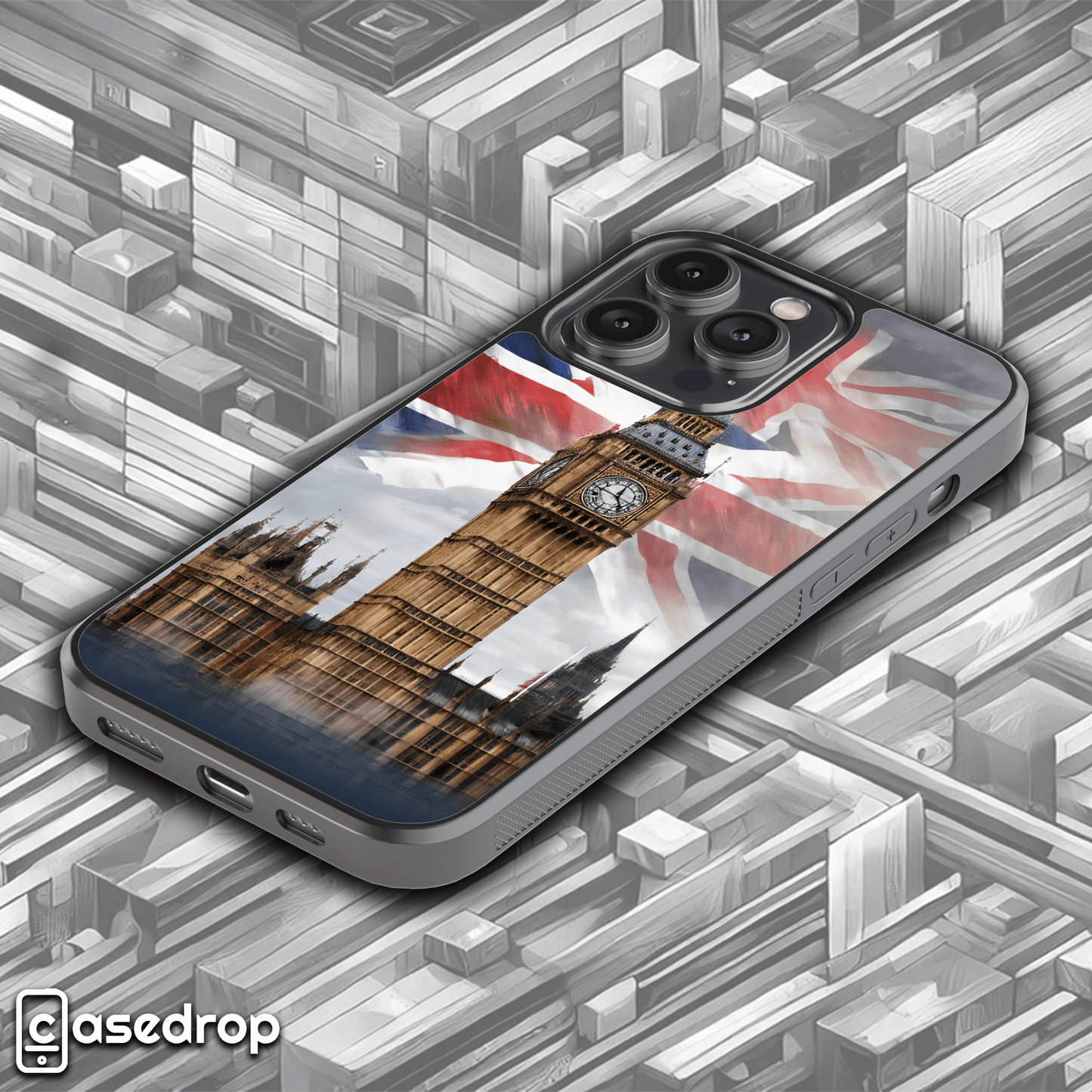 Big Ben London Case with Union Jack: A phone case design showcasing Big Ben in London, with the British flag as the background for a bold look.