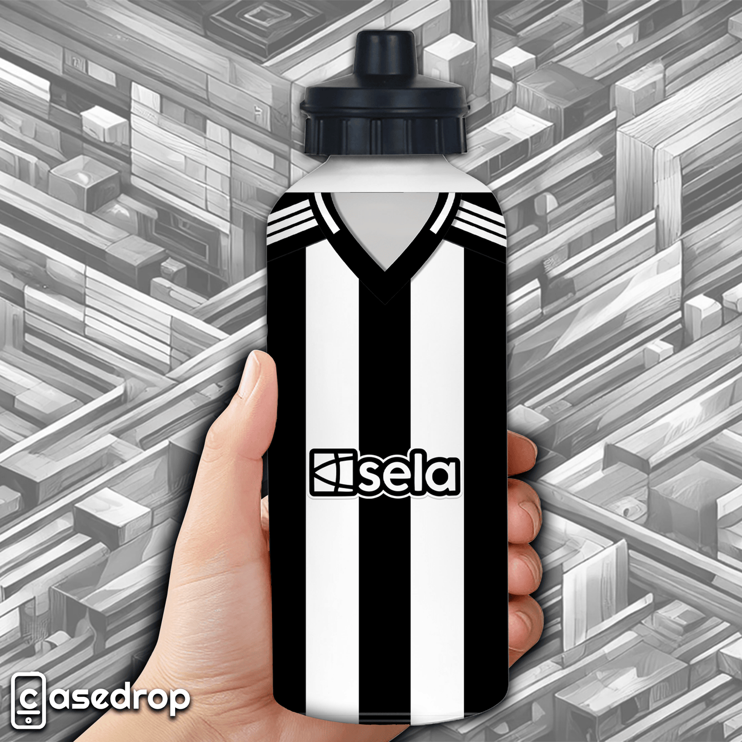 Black and white striped water bottle with sponsor and Geordie chants