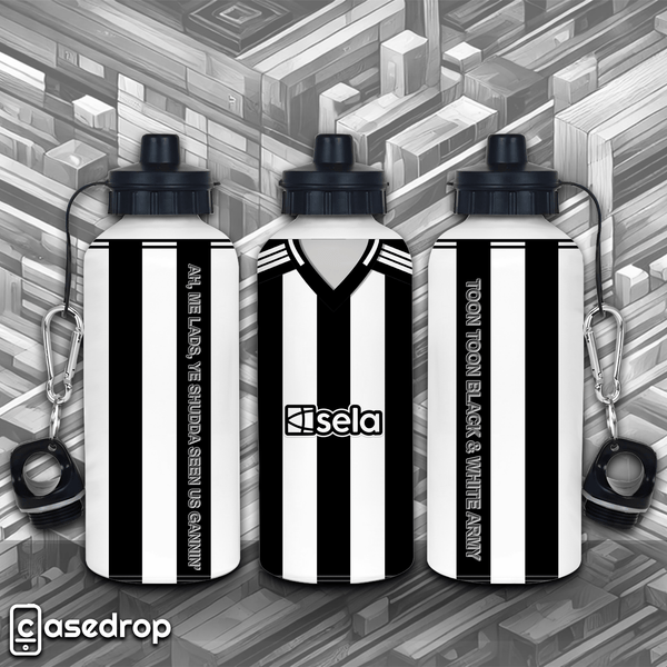 Newcastle United football water bottle with 2024 home shirt design and stripes