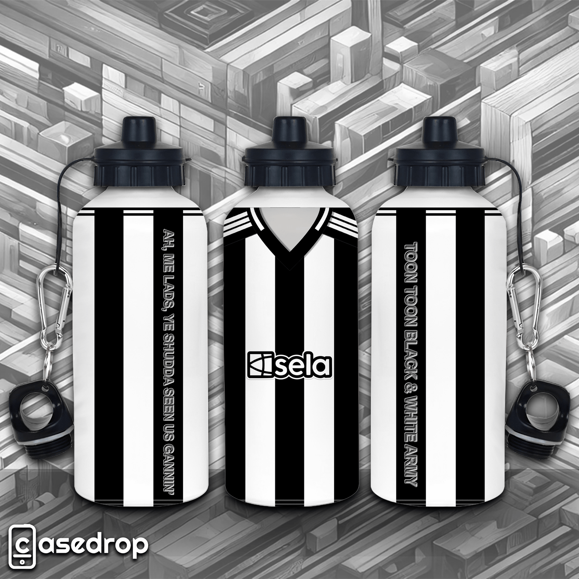 Newcastle United football water bottle with 2024 home shirt design and stripes