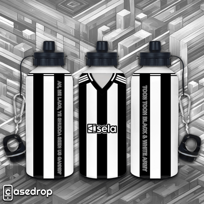 Newcastle United football water bottle with 2024 home shirt design and stripes