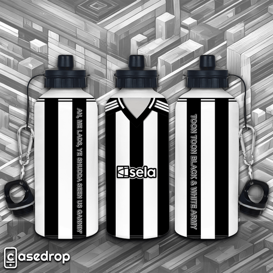 Newcastle United football water bottle with 2024 home shirt design and stripes