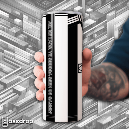 Black and white football travel mug with Newcastle United-themed chants